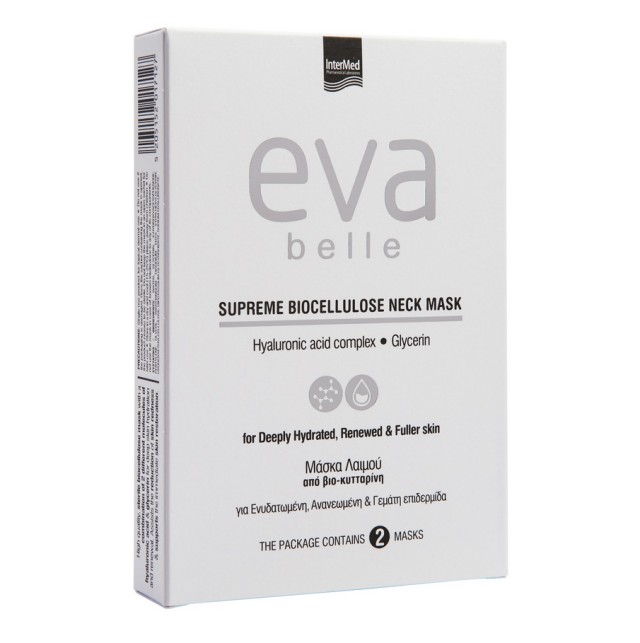 Intermed Eva Belle Supreme Biocellulose Neck Mask Μάσκα Λαιμού με Υαλουρονικό Οξύ & Γλυκερίνη 2x15ml