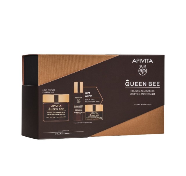 Apivita Set Queen Bee Holistic Age Defense Ελαφριάς Υφής 50ml + Δώρο Queen Bee Age Defense Serum 10ml + Δώρο Queen Bee Age Defense Night Cream 15ml