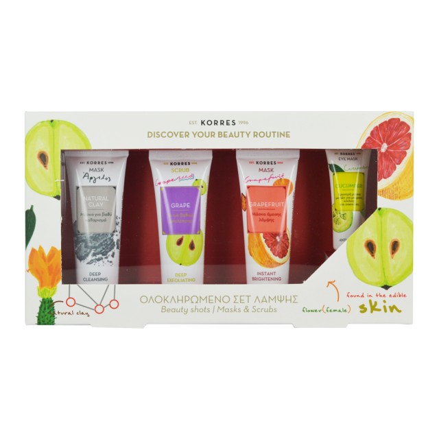 Korres Σετ Μάσκα για Βαθύ Καθαρισμό Άργιλος 18ml + Scrub Ήπιας Απολέπισης Σταφύλι 18ml + Μάσκα με Γκρέιπφρουτ για Λάμψη 18ml + Μάσκα με Αγγούρι για Μαύρους Κύκλους και Σακούλες 8ml