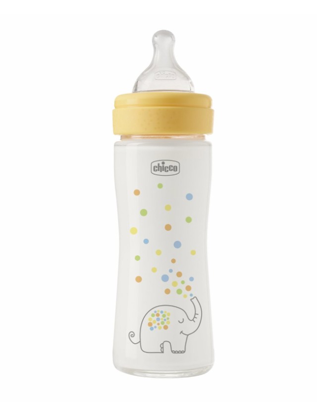 Chicco Perfect Easy Γυάλινο Μπιμπερό με Θηλή Σιλικόνης από 0m+ Ελεφαντάκι 240ml
