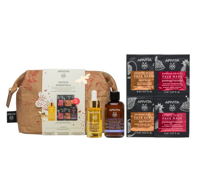 Apivita Set Festive Essentials Beesential Oil 15ml + Δώρο Cleansing Creamy Foam με Ελιά Λεβάντα και Πρόπολη 75ml + Express Beauty Face Mask Pomegranate 2x8ml + Express Beauty Face Scrubs Apricot 2x8ml