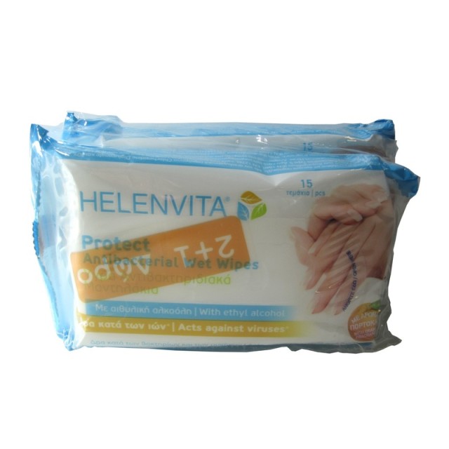 Helenvita Protect Antibacterial Wet Wipes 15τμχ 2+1 Δώρο