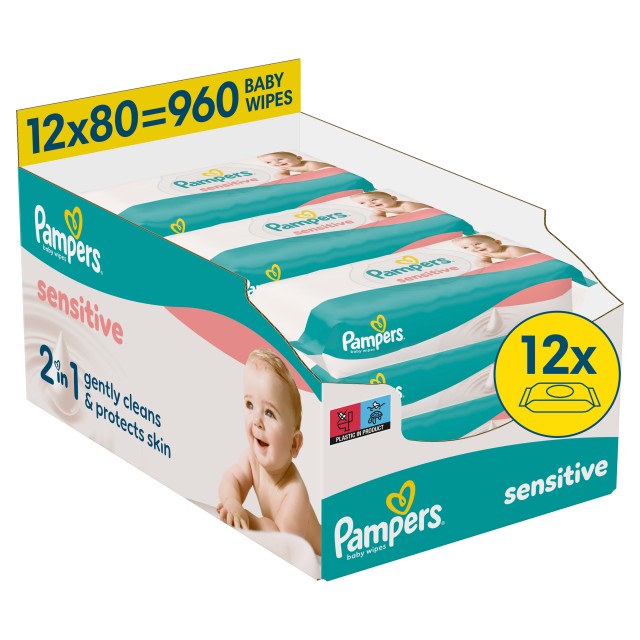 Pampers Μωρομάντηλα Sensitive 2-σε-1 XL Monthly Box 960τεμ (12x80τεμ)