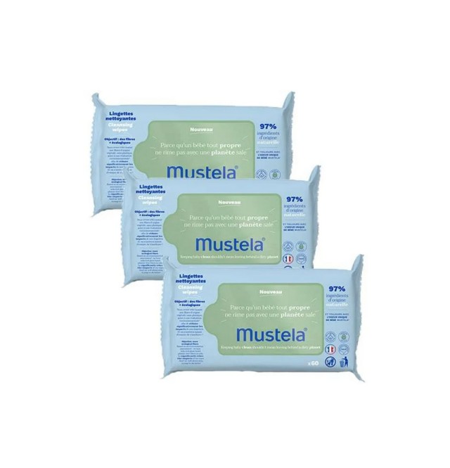 Mustela Set Cleansing Wipes Μωρομάντηλα Καθαρισμού με Βιολογικό Αβοκάντο 3x60τμχ (2+1 Δώρο)