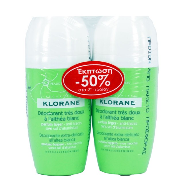 Klorane Deodorant Tres Doux Roll On Αποσμητικό Roll On με Λευκή Αλθέα PROMO -50% ΤΟ 2ο ΠΡΟΪΟΝ, 2 x 40m