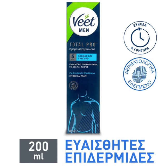 Veet Men Total Pro Male Body Hair Removal Cream for Sensitive Skins 200ml