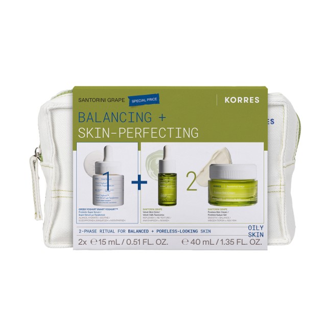 Korres Set με Smart Yoghurt Super Serum με Προβιοτικά 15ml Santorini Grape Velvet Λάδι Προσώπου 15ml Poreless Κρέμα-Gel Προσώπου για Μικτές & Λιπαρές Επιδερμίδες 40ml & Δώρο Νεσεσέρ