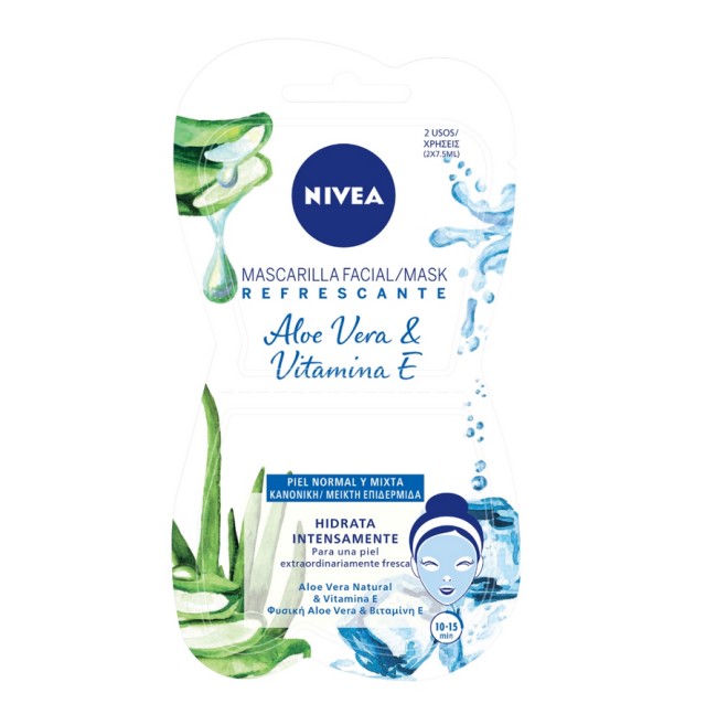 Nivea Face Mask Aloe Vera & Vitamin E Αναζωογονητική Μάσκα Προσώπου για Κανονική - Μεικτή Επιδέρμιδα 2x7,5ml