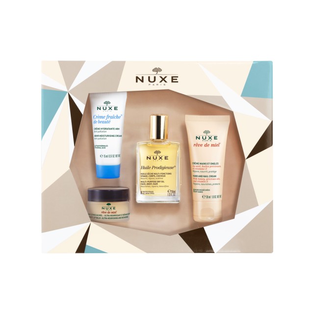 Nuxe Set Must Have Nuxe Creme Fraiche de Beaute Moisturising Cream 48H 15ml + Nuxe Reve de Miel Honey Lip Balm Ultra-Nourishing and Repairing 15gr + Nuxe Huile Prodigieuse Multi-Purpose Dry Oil 30ml + Nuxe Reve de Miel Hand and Nail Cream 30ml