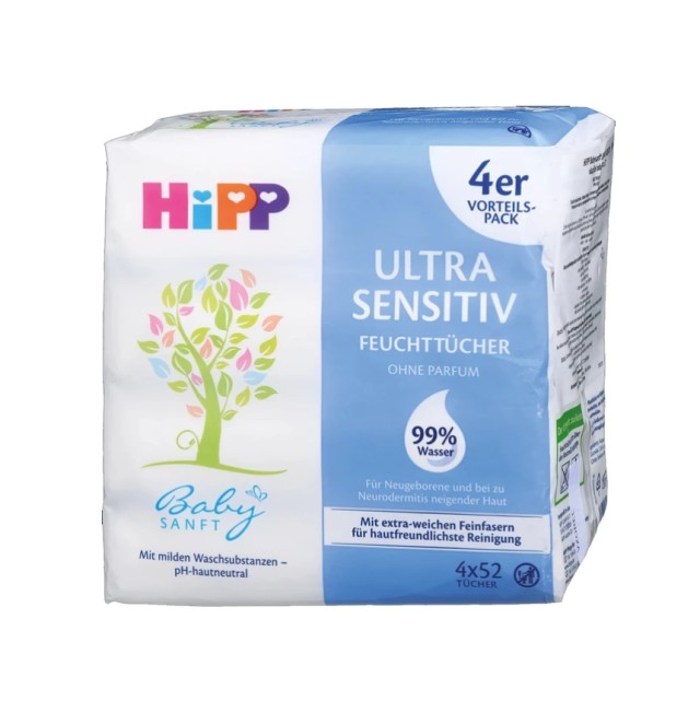 Hipp Babysanft Ultra Sensitive Βρεφικά Μωρομάντηλα Χωρίς Άρωμα 4x52τμχ
