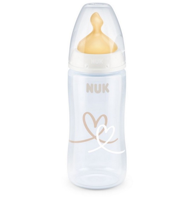 Nuk First Choice+ Μπιμπερό με Θηλή Latex M Λευκό με Καρδιές 0-6m 300ml 1τμχ