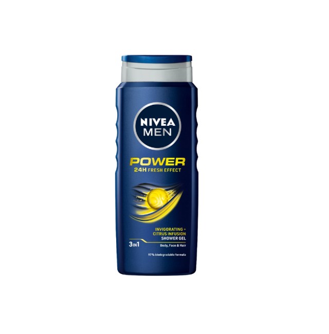 Nivea Men Power 24h Fresh Effect Invigorating & Citrus Infusion Shower Gel Σαμπουάν, Αφρόλουτρο & Καθαριστικό Προσώπου 3 σε 1 500ml