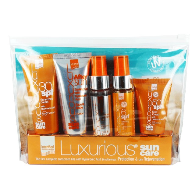 Intermed Luxurious Sun Care Travel Kit, Sunscreen Cream 30 SPF 75ml + After Sun Cooling Gel 75ml + Tanning Oil 6 SPF 50ml + Hydrating Antioxidant Mist 50ml + Face Cream 50 SPF 40ml