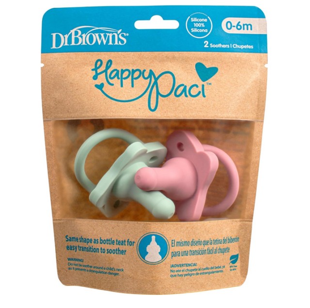 Dr.Brown's Πιπίλα Σιλικόνης Happy-Paci Ροζ/Πράσινη 0-6m 2τμχ