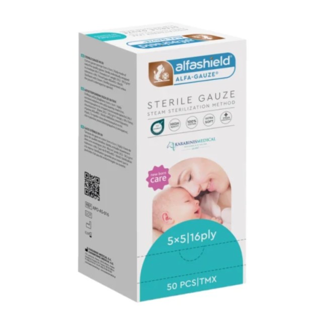 Alfashield New Born Αποστειρωμένη Γάζα με Μέθοδο Αποστείρωσεις Ατμού 5x5cm 50τμχ