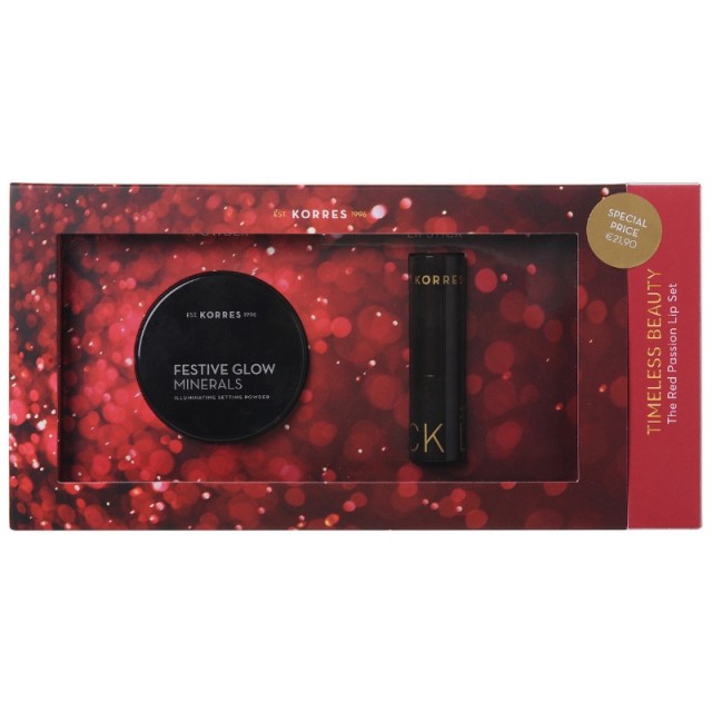 Korres Timeless Beauty The Red Passion Lip Set Festive Glow Minerals Illuminating Setting Powder 9gr + Morello Creamy Lipstick 54 Classic Red 3,5g