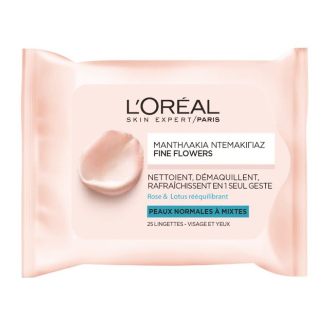 L'Oreal Paris Fine Flowers Wipes - Μαντηλάκια Καθαρισμού για Κανονική έως Μεικτή Επιδερμίδα 25τμχ