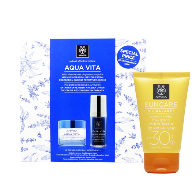 Aqua Vita Κρέμα Εντατικής Ενυδάτωσης για Πολύ Ξηρές Επιδερμίδες 50ml & Δώρο Aqua Vita Ορός Εντατικής Ενυδάτωσης 30ml + Apivita Suncare Oil Balance Light Texture Face Cream SPF30 με Eλίχρυσο & 3D PRO-ALGAE® 50ml ΔΩΡΟ Apivita Cleansing αφρός 200ml