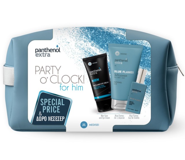 Panthenol Extra Set Party O'Clock For Him Blue Flames 3in1 Cleanser Καθαριστικό 200ml + Blue Flames Eau de Toilette Αντρικό Άρωμα 50ml + Face & Eye Cream Ανδρική Αντιρυτιδική Κρέμα 75ml + Δώρο Μπλε Νεσεσέρ 1τμχ