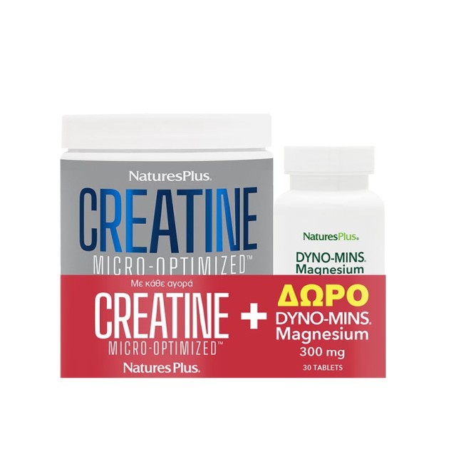 Nature's Plus Set Creatine Monohydrate Powder Μονοϋδρική Κρεατίνη Χωρίς Γεύση 330gr & Δώρο Natures Plus Dyno Mins Magnesium 300mg 90tabs