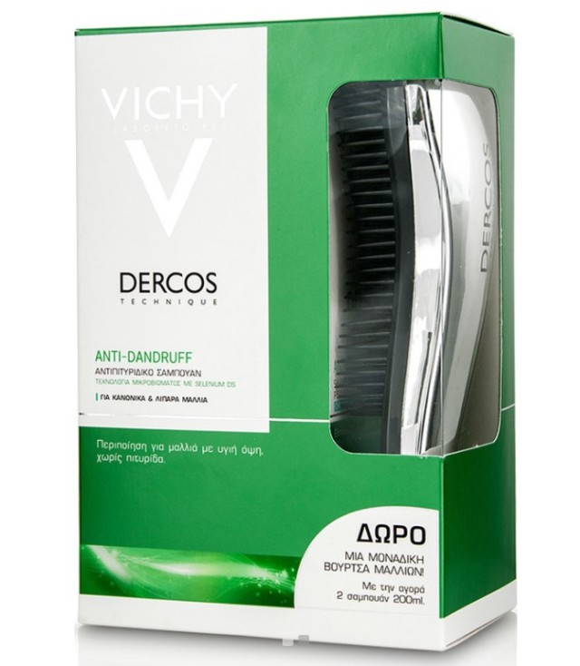 Vichy Dercos Anti-Dandruff για Κανονικά-Λιπαρά Μαλλιά 2x200ml + Δώρο Βούρτσα Dercos 1τμχ