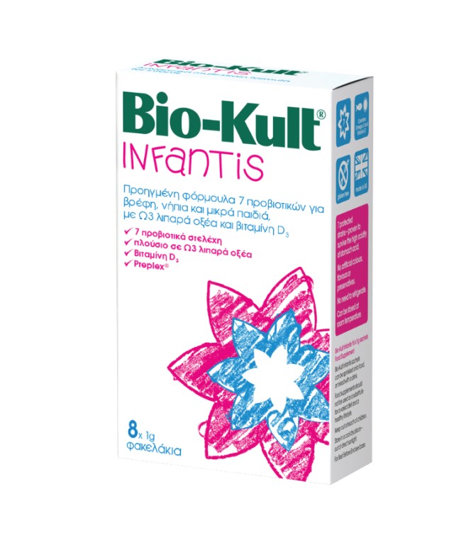 BIO-KULT Infantis Προβιοτική Πολυδύναμη Φόρμουλα για Βρέφη & Παιδιά με Ω3 Λιπαρά Οξέα & Βιταμίνη D3, 8 φάκελλοι x 1gr