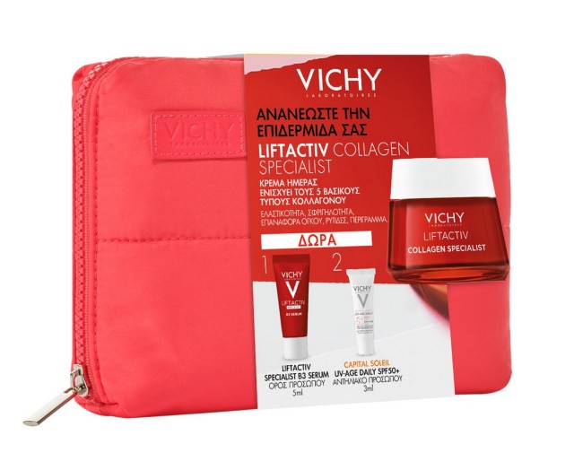 Vichy Set Liftactiv Collagen Specialist Κρέμα Ημέρας 50ml & Δώρα Specialist B3 Serum 5ml, Capital Soleil UV Age Daily Spf 50+ 3ml και Νεσεσέρ