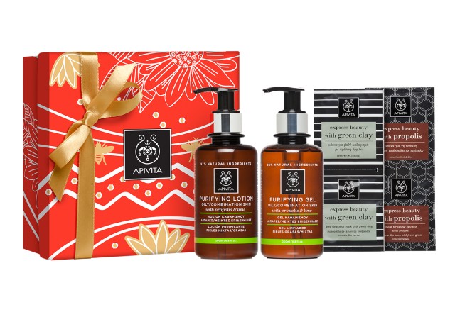 Apivita Oily Skin Cleansing Gift Set - Cleansing Gel fo Olily/Combination Skin with Propolis & Lime 200ml + Purifying Tonic Lotion for Olily/Combination Skin with Propolis & Lime 200ml + Express Beauty Face Mask for Oily Skin with Propolis 2x8ml + Express