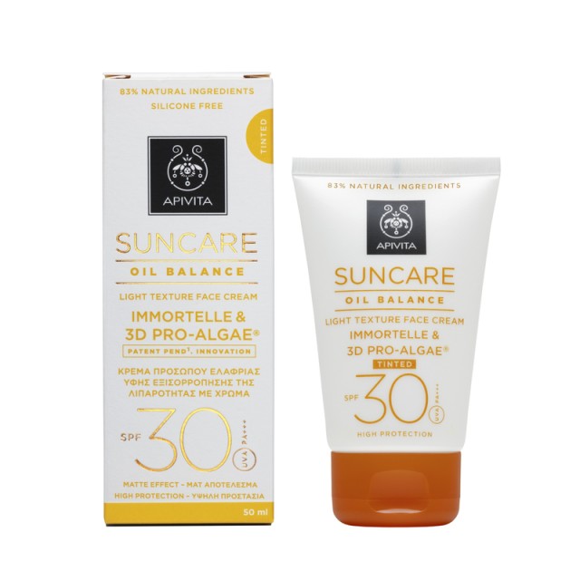 Apivita Suncare Oil Balance Tinted Light Texture Face Cream SPF30 με Eλίχρυσο & 3D Pro-Algae® 50ml