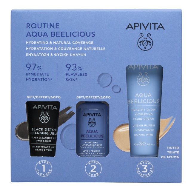 Apivita Set Routine Αqua Beelicious με Αqua Beelicious Ενυδατική Κρέμα με Χρώμα SPF30 Ελαφριάς Υφής 40ml + Δώρο Αqua Beelicious Hydrating Toner 50ml + Black Dettox Gel Καθαρισμού 15ml