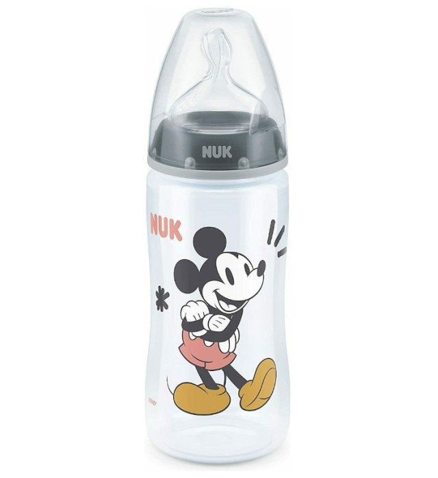 Nuk First Choice+ Μπιμπερό Mickey & Minnie Με Θηλή Σιλικόνης M Γκρί 6-18m 300ml 1τμχ