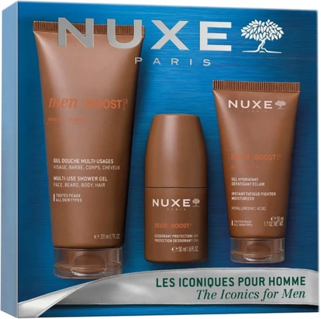 Nuxe Set The Iconics Men- Shower Gel Αφρώδες Τζελ Καθαρισμού για Πρόσωπο Σώμα & Μαλλιά 200ml-Men Deodorant Ανδρικό Roll-On Αποσμητικό 24h Προστασίας 50ml +Men Moisturizing Gel Ενυδατικό Gel Προσώπου 50ml