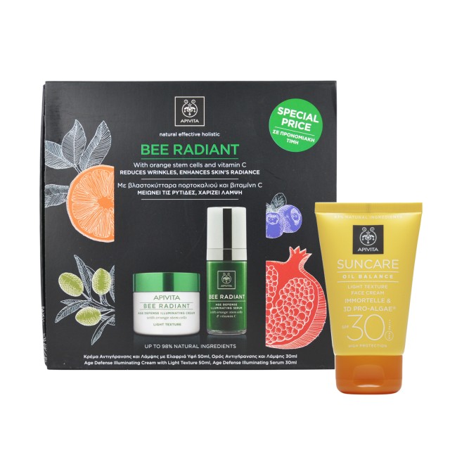 Apivita Promo Bee Radiant Κρέμα Αντιγήρανσης και Λάμψης Ελαφριά Υφή 50ml + Serum Bee Radiant 30ml + Apivita Suncare Oil Balance Light Texture Face Cream SPF30 με Eλίχρυσο & 3D PRO-ALGAE® 50ml και ΔΩΡΟ Apivita Cleansing αφρός 200ml