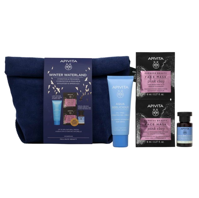 Apivita Set Winter Waterland Aqua Beelicious Hydating Gel-Cream 40ml & Toner 20ml & Express Face Mask Pink Clay 2x8ml