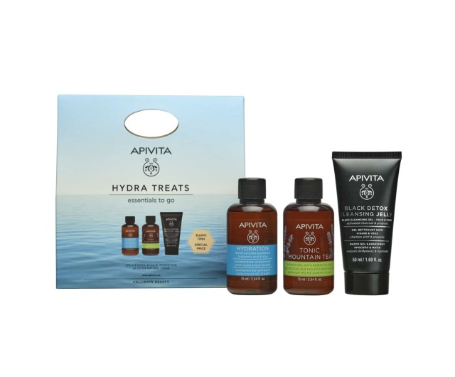 Apivita Set Hydra Treats Hydration Shampoo 75ml + Tonic Mountain Tea Shower Gel 75ml + Black Detox Face Cleansing Jelly 50ml