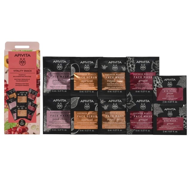 Apivita Set Vitality Snack Apivita Express Beauty New Face Mask Grape 2x8ml + Apivita Express Beauty New Face Mask Royal Jelly 2x8ml + Apivita Express Beauty New Face Scrub Apricot 2x8ml + Apivita Express Beauty New Face Mask Pink Clay 2x8ml + Apivita Exp