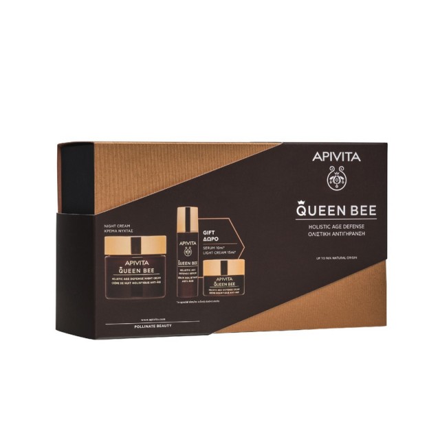 Apivita Set Queen Bee Holistic Age Defense Night Cream 50ml + Δώρο Queen Bee Age Defense Serum 10ml + Δώρο Queen Bee Age Defense Ελαφριάς Υφής 15ml