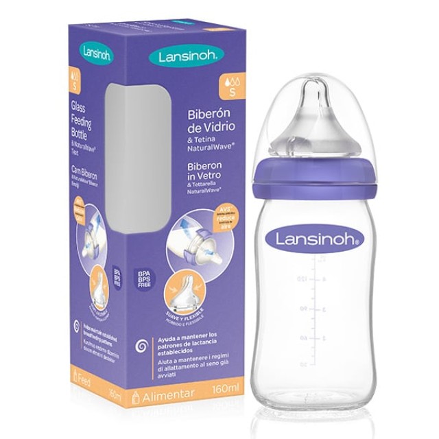 Lansinoh Γυάλινο Μπιμπερό Θηλασμού με Θηλή NaturalWave 160ml