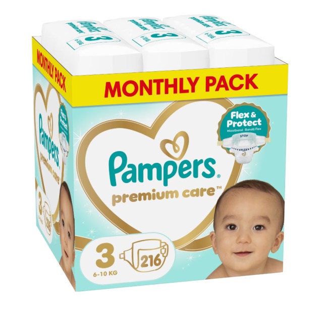 Pampers Premium Care Μέγεθος 3 Monthly Pack (6-10kg) 216 Πάνες