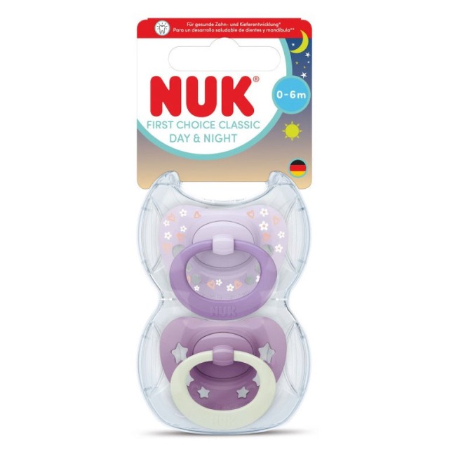 Nuk First Choice Classic Day & Night Πιπίλα Σιλικόνης με Θήκη MΩΒ 0-6m 2τμχ