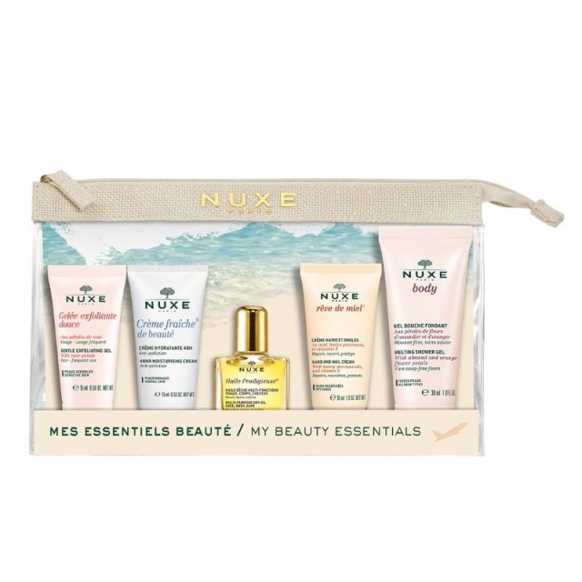 Nuxe Travel Kit With Rose Petals 15ml + Moisturising Cream 15ml + Huile Prodigieuse 10ml + Hand and Nail Cream 15ml + Melting Shower Gel 30ml