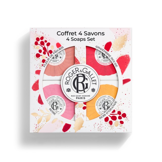 Roger&Gallet Set Coffret 4 Savons Fleur de Figuier Savon Bienfaisant 50gr + Gingembre Rouge Savon Bienfaisant 50gr + Rose Savon Bienfaisant 50gr + Bois d'Orange Bienfaisant 50gr