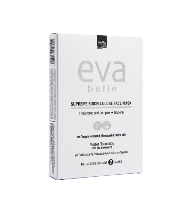 Intermed Eva Belle Supreme Biocellulose Face Mask Μάσκα Προσώπου με Υαλουρονικό Οξύ & Γλυκερίνη 2x20ml