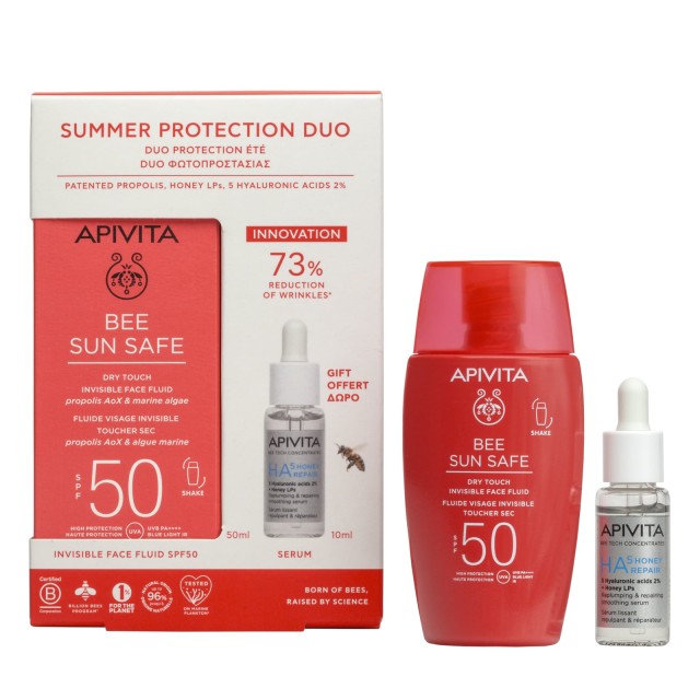 Apivita Set Summer Protection Duo Bee Sun Safe Dry Touch Λεπτόρρευστη κρέμα προσώπου Dry Touch SPF50 50ml + ΔΩΡΟ HA5 Honey Repair Serum Ορός Επανόρθωσης 10ml