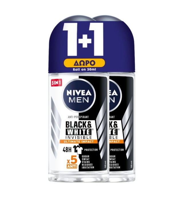 Nivea Men Black & White Invisible Ultimate Impact Ανδρικό Αποσμητικό Roll-On 48h Προστασίας 50ml 1+1 ΔΩΡΟ