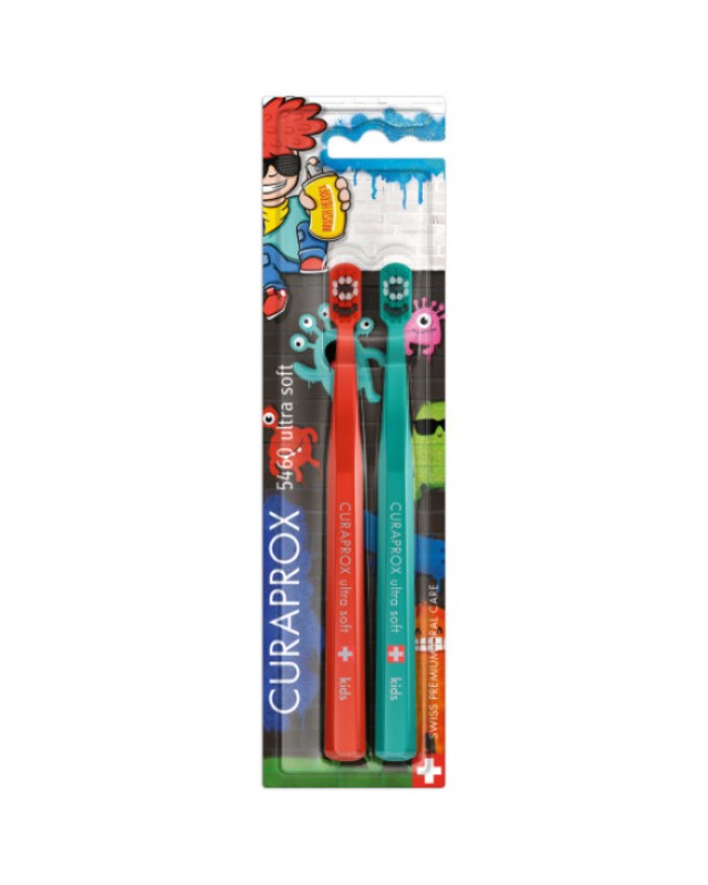 Curaprox Kids Ultra Soft Toothbrush Duo Graffiti Edition Κόκκινο - Τιρκουάζ 4-12 Years 2τμχ