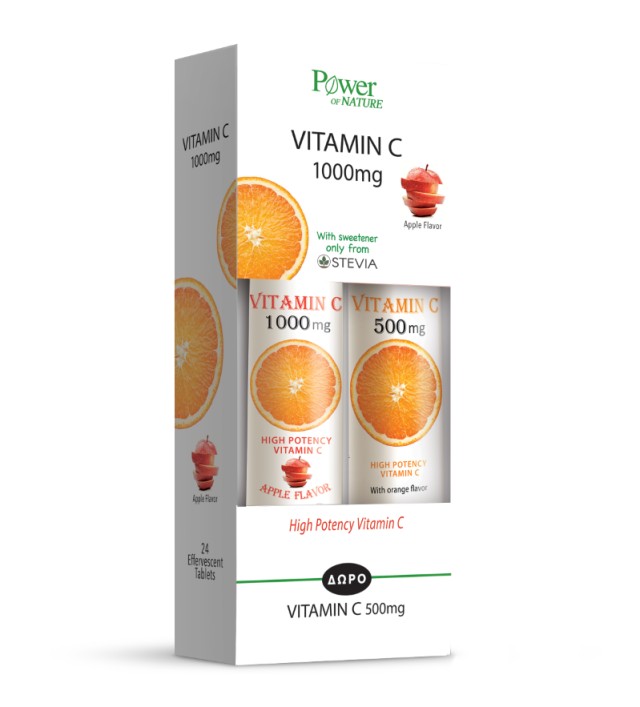 Power Health Vitamin C 1000mg Apple με Γλυκαντικό από Στέβια 24αναβρ.δισκία + Δώρο Vitamin C 500mg 20αναβρ.δισκία