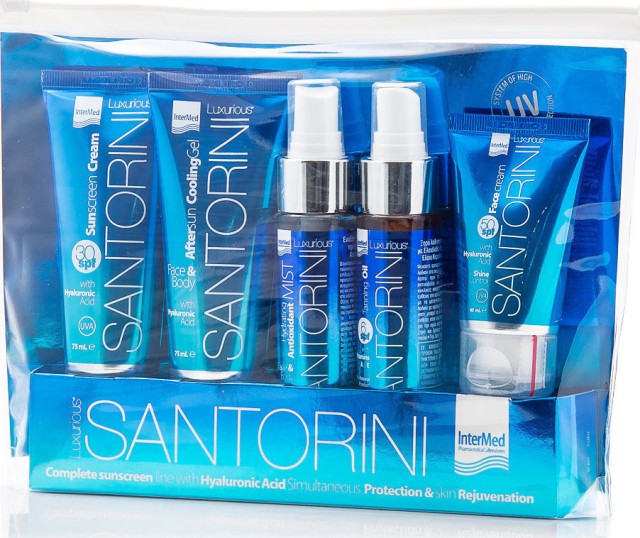 InterMed Luxurious Santorini Kit, Face Cream SPF50 40ml + Tanning Oil SPF6 50ml + Hydrating Antioxidant Mist Face & Body 50ml + After Sun Cooling Gel 75ml + Sunscreen Cream SPF30 75ml