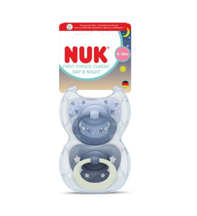 Nuk First Choice Classic Πιπίλες Day & Night Σιλικόνης Μπλε με καρδούλες με θήκη 6-18m 2τμχ