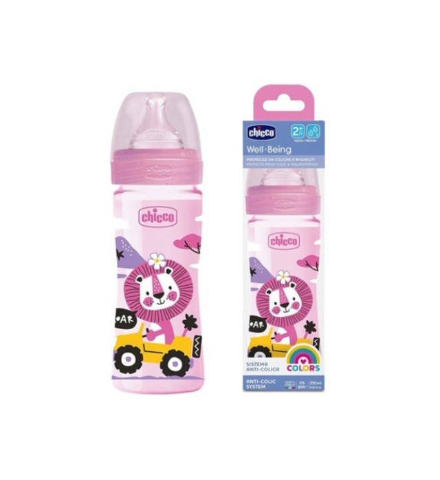 CHICCO WELL BEING Πλαστικό Μπιμπερό ΘΣ Μέτρια Ροή 2m+ Ρόζ 250ml